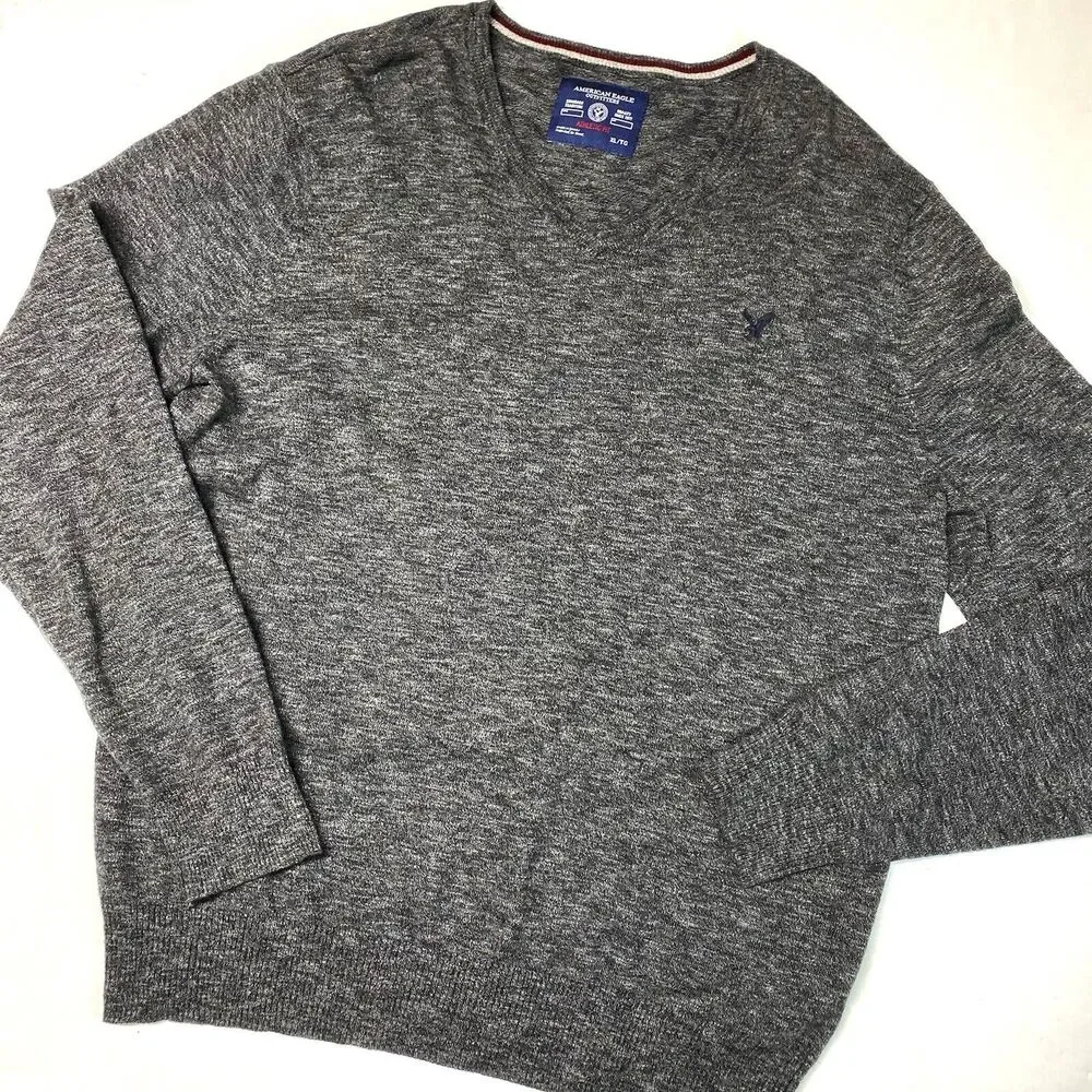 American Eagle Sweater Mens XL Gray V-Neck Athletic Fit Long Sleeve Knit Cotton